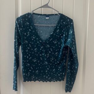 Floral V-Neck Long Sleeve pajama Top - Green  and soft petite